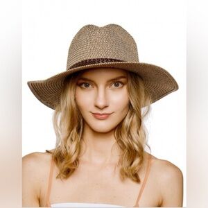 New Two tone tan & brown vegan leather adjustable Panama summer hat one size